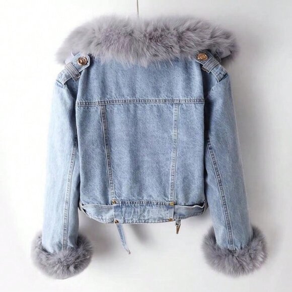 Blue Casual Women's Detachable Faux Rabbit fur Denim Parka Jacket - Picture 3 of 9